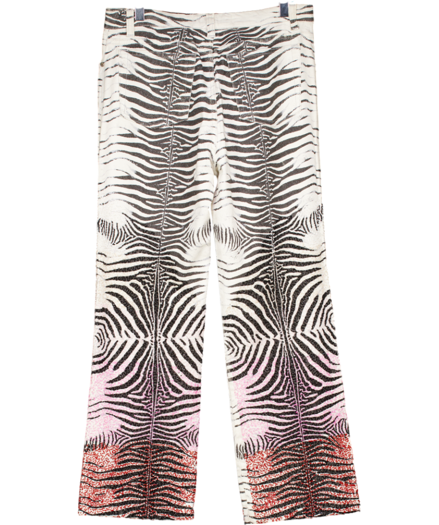 Roberto Cavalli Vintage White Zebra Print Embellished Straight Leg Jeans UK L