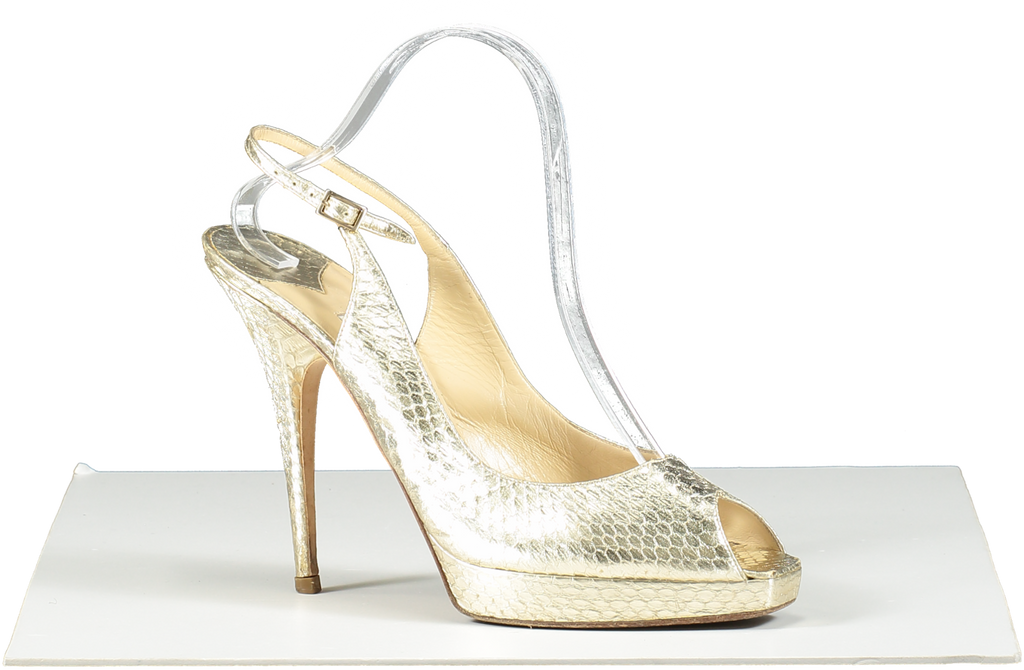 Jimmy Choo Metallic Gold Python Embossed Leather Slingback Sandals UK 8 EU 41 👠