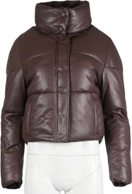 APPARIS Chocolate Brown Faux Leather Funnel Neck Puffer Jacket UK S
