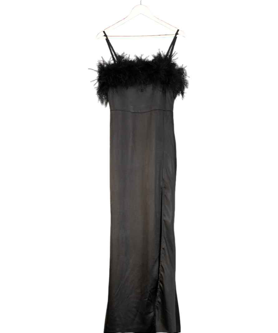 Club L Black Satin Feather Trim Maxi Dress UK 10