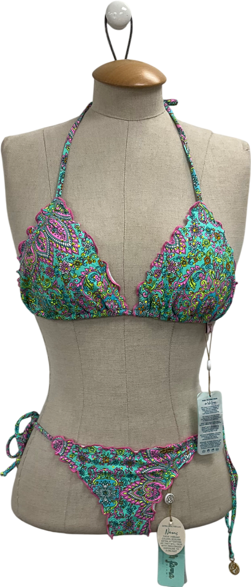 SIZE??Luli Fama Multicoloured Groovy Crystal Wavy Ruched Bottom And Triangle Top UK S