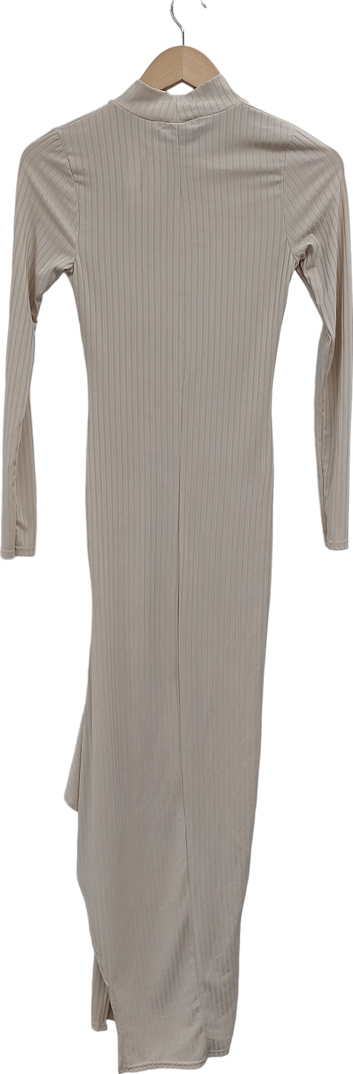 PrettyLittleThing Beige Side Split Ribbed Maxi Dress UK 6