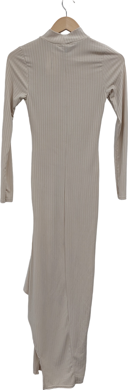 PrettyLittleThing Beige Side Split Ribbed Maxi Dress UK 6