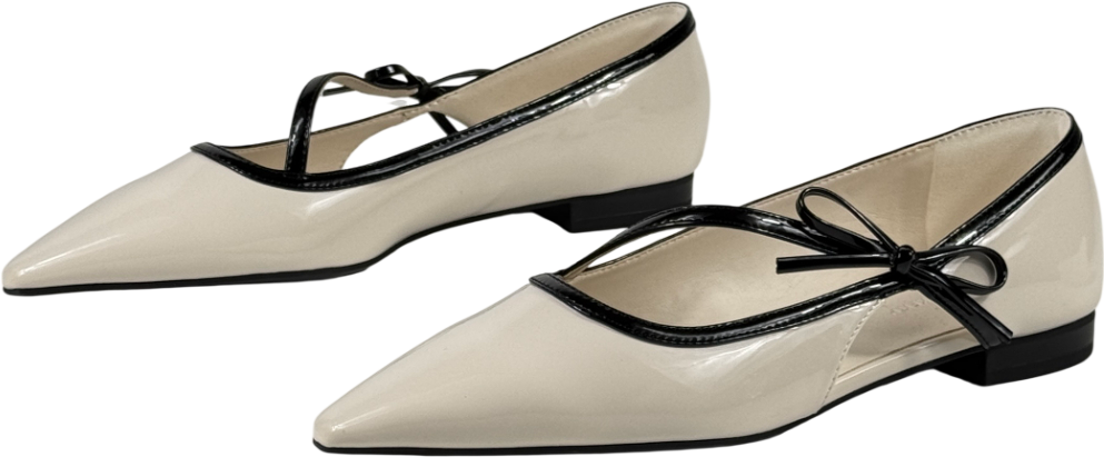 CHARLES & KEITH Patent Contrast-trim Pointed-toe Bow-strap Flats - Chalk White UK 4 EU 37 👠