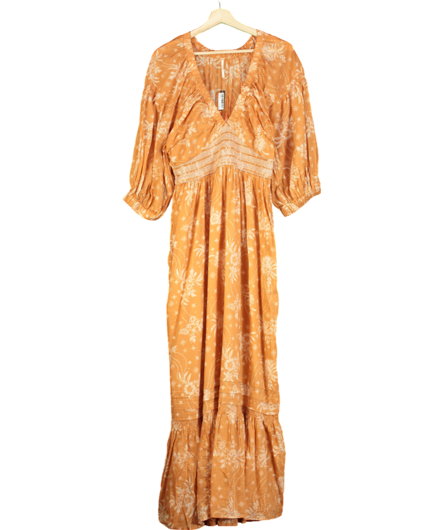 Free People Orange Sable Maxi Golden Hour Long Sleeve Deep V-neck Dress UK M