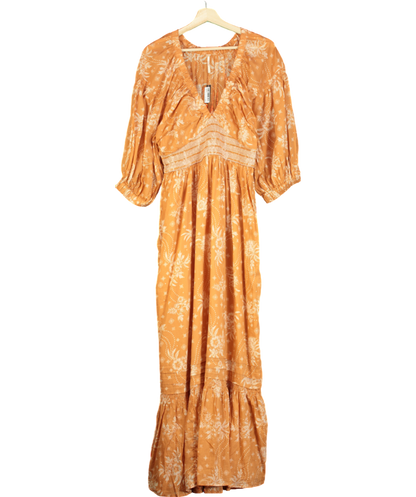 Free People Orange Sable Maxi Golden Hour Long Sleeve Deep V-neck Dress UK M