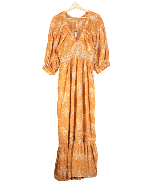 Free People Orange Sable Maxi Golden Hour Long Sleeve Deep V-neck Dress UK M