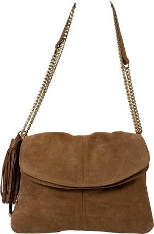 RIVER ISLAND Real Suede Leather Brown Tassel Chain Shoulder Bag