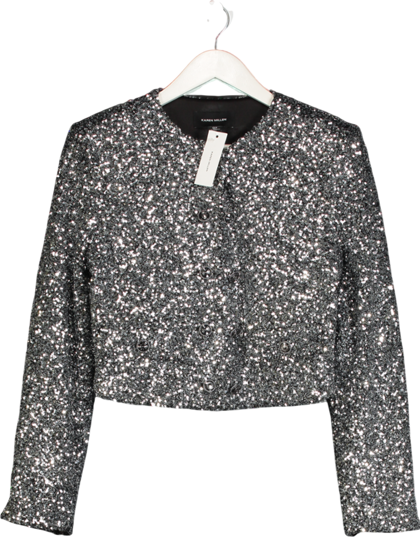Karen Millen Metallic Gunmetal Sequin Cropped Blazer UK 8