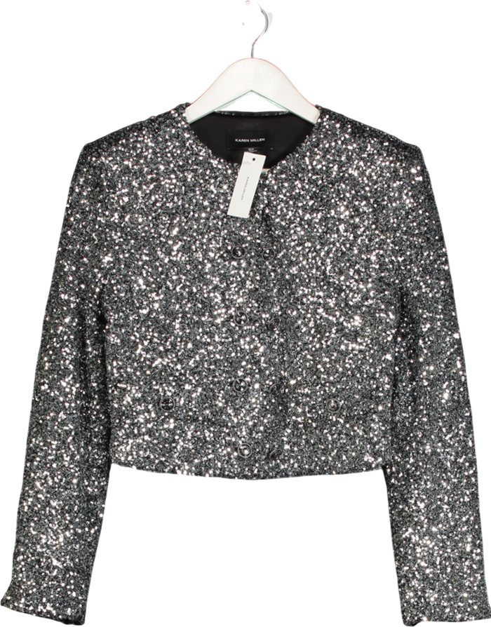 Karen Millen Metallic Gunmetal Sequin Cropped Blazer UK 8