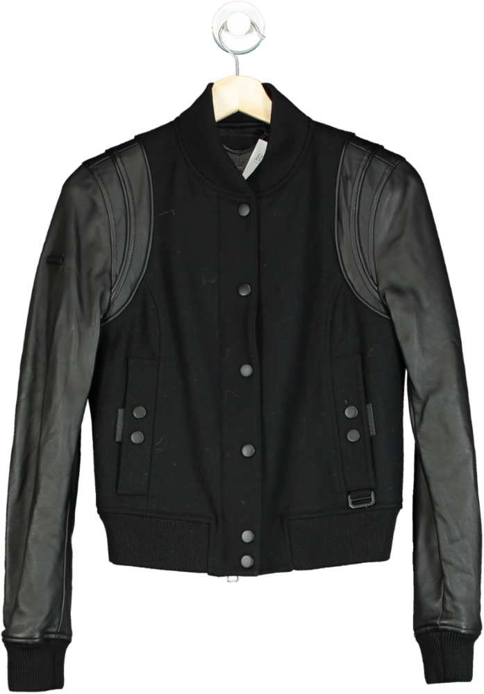 Trench London Black Leather Sleeve Bomber Jacket XS