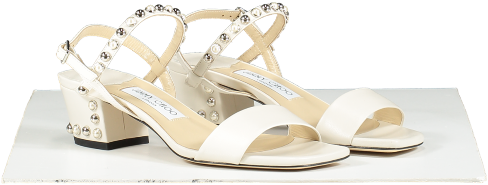 Jimmy Choo Cream AADRA 45 Pearl Embellished Nappa Leather Sandals UK 4.5 EU 37.5 👠