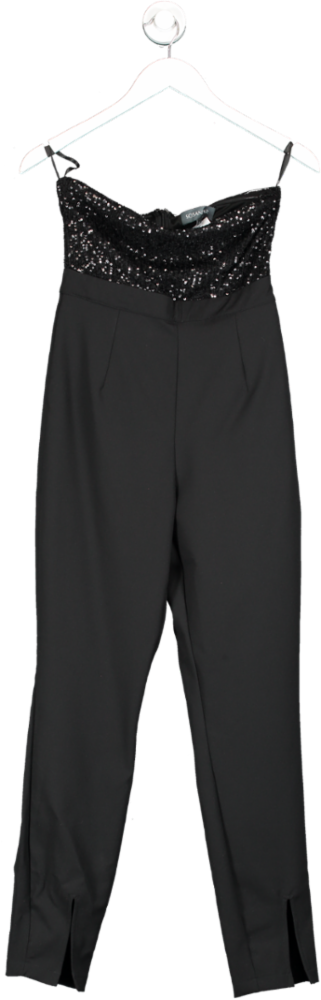 SOSANDAR Black Sequin Top Tapered Leg Split Hem Jumpsuit UK 6