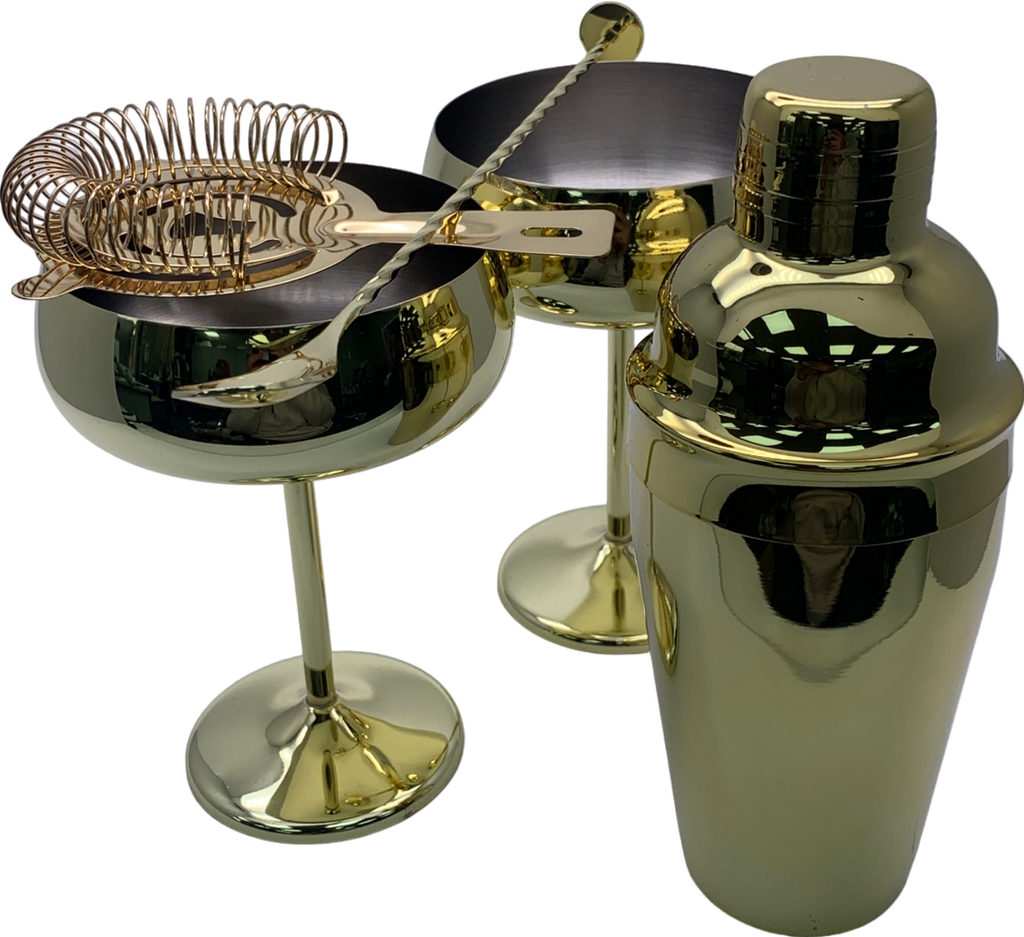 Gold Cocktail Set - French Cocktail Shaker, Bar Spoon & Julep Strainer And Glasses One Size