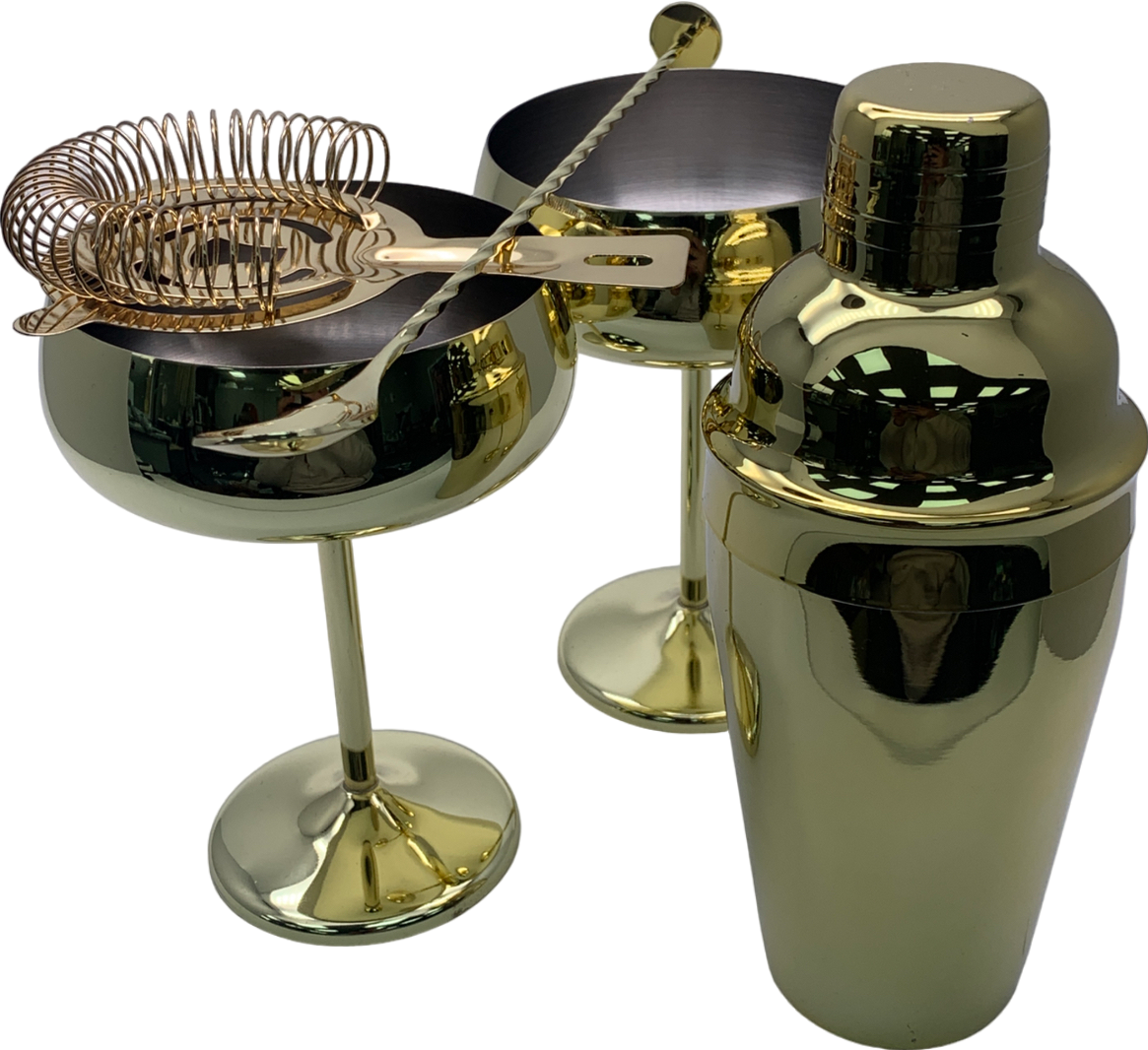 Gold Cocktail Set - French Cocktail Shaker, Bar Spoon & Julep Strainer And Glasses One Size