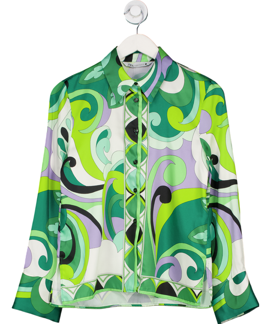 ZARA Green Patterned Button Up Blouse UK XS