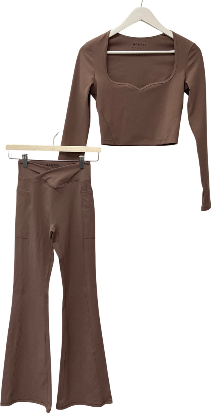 Bo + Tee Brown Long Sleeve Crop Top & Flare Trousers UK M