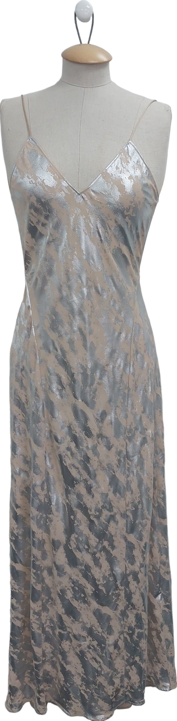 ZARA Nude Metallic Print Open Back Maxi Dress UK XS