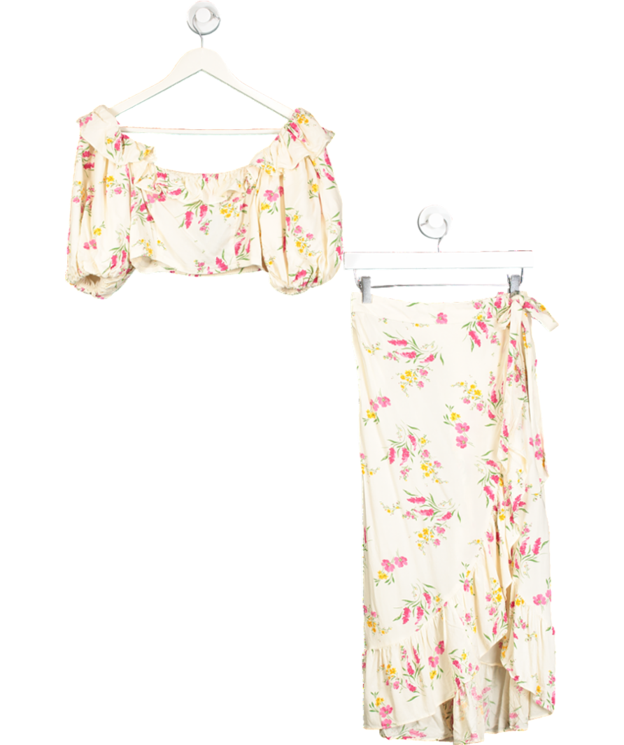 River Island 2-piece Cream Floral Puff Sleeve Crop Top And Wrap Midi Skirt Set. UK 10