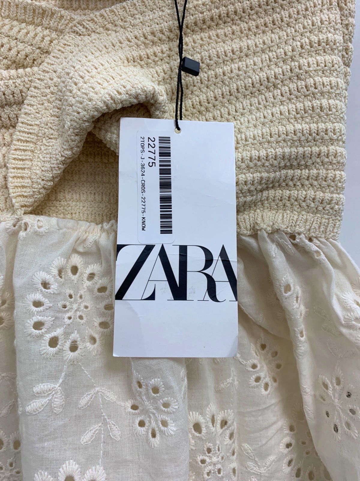 Zara Beige Crocheted Smocked Detail Top with Embroidered Hem XS