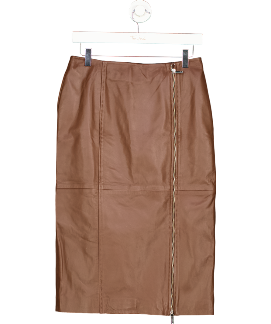 Karen Millen Brown Leather Double Zip Pencil Midi Skirt UK 10