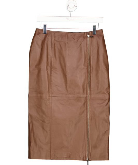 Karen Millen Brown Leather Double Zip Pencil Midi Skirt UK 10