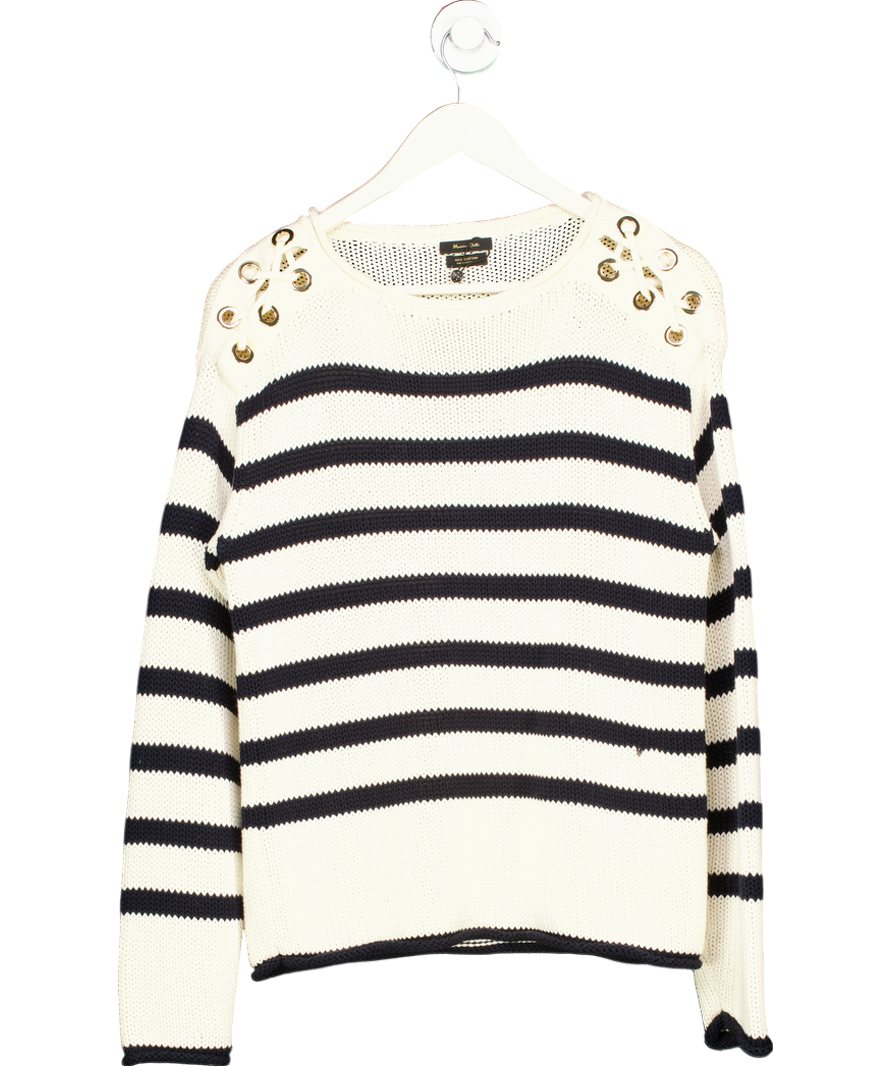 Massimo Dutti Cream Striped Knit Sweater With Interwoven Shoulders UK XS