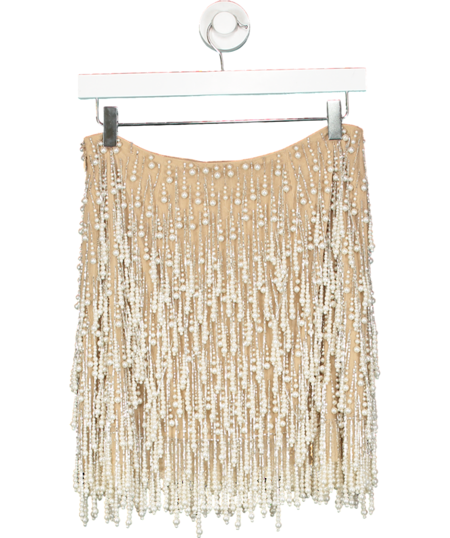 Karen Millen Beige Pearl Tassel Embellished Woven Mini Skirt UK 6