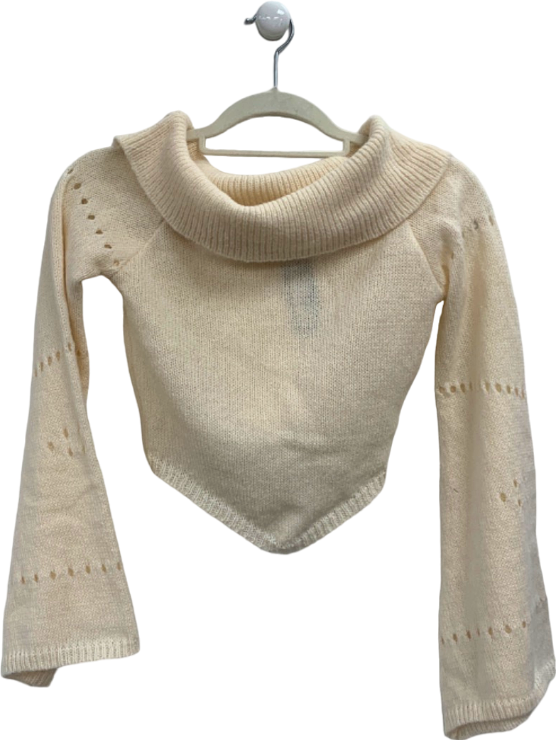 Pretty Little Thing Cream Fold Over Bardot Knit Long Sleeve Top UK S