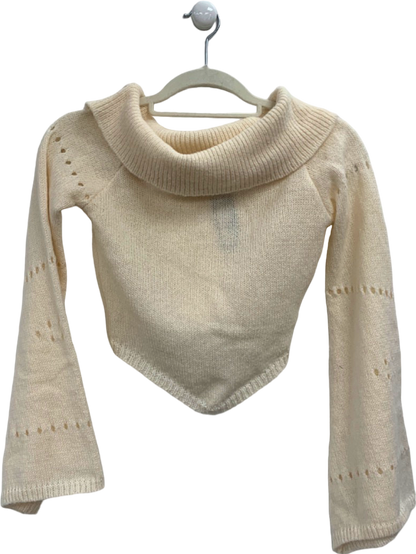 Pretty Little Thing Cream Fold Over Bardot Knit Long Sleeve Top UK S