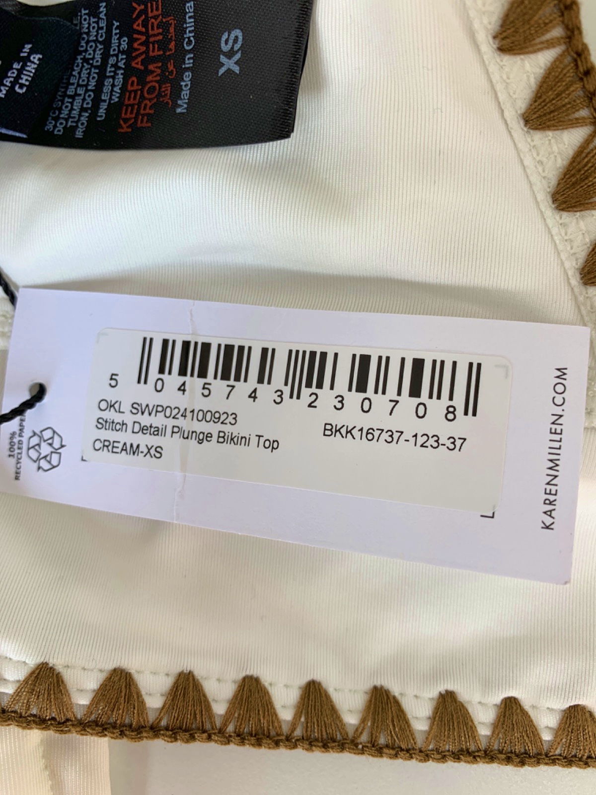 Karen Millen Cream Stitch Detail Plunge Bikini Top and High Waisted Bikini Bottoms UK XS/S