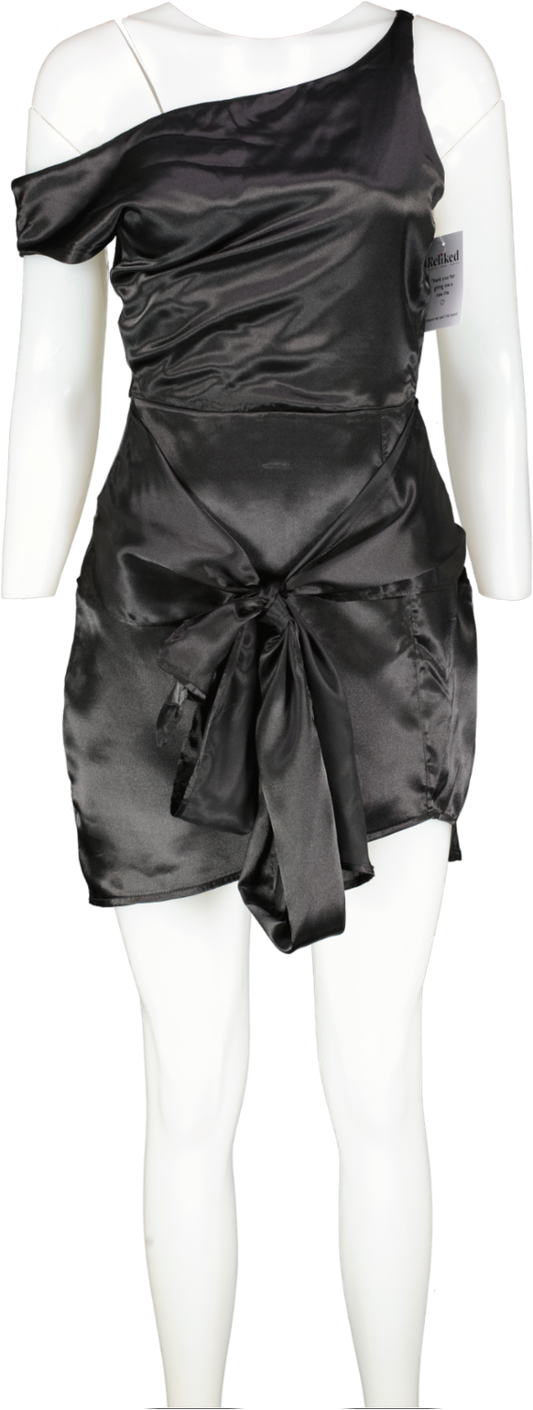PrettyLittleThing Black Satin Tie Waist Midi Dress UK 8