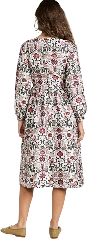 MEADOWS Cream Long Sleeve Floral Jacquard Midi Dress UK 14