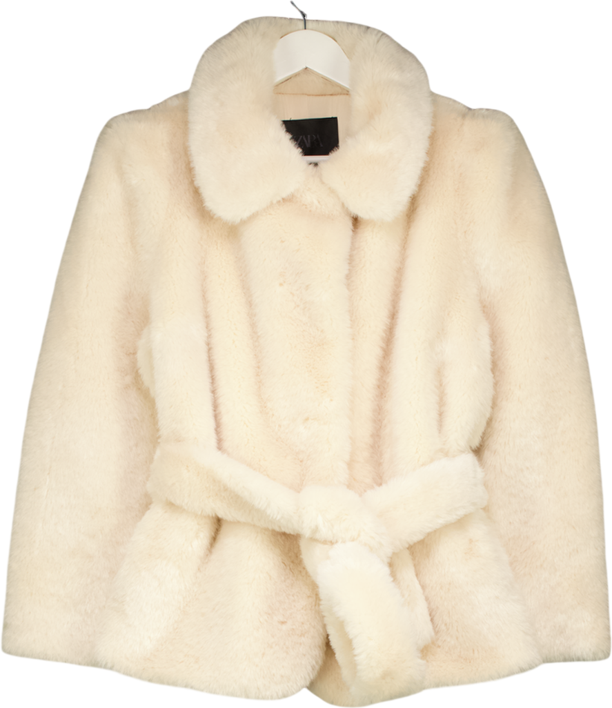 ZARA Cream Faux Fur Belted Coat Zw Collection UK L
