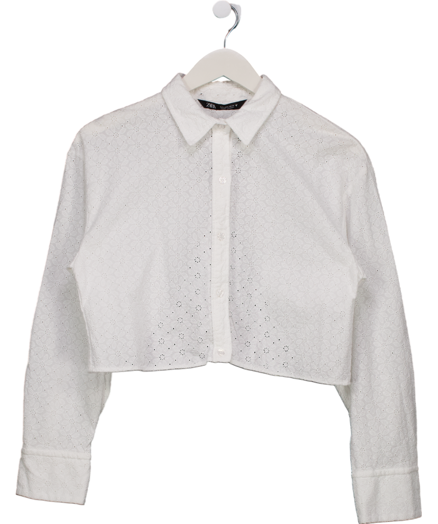 ZARA White Cropped Poplin Shirt With Floral Detailing UK L