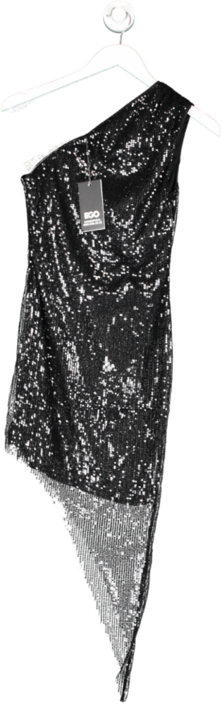 Ego Black One Shoulder Asymmetric Sequin Mini Dress UK 8