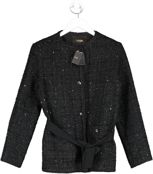 Maje Black Belted Tweed Jacket UK 10