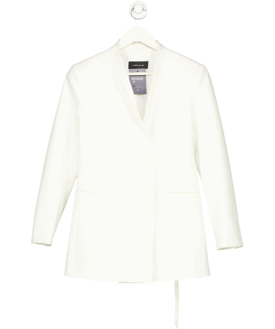 Karen Millen White Structured Crepe Tailored Collarless Belted Blazer UK 10