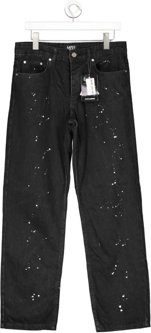 boohooMan Black Relaxed Fit Rigid Jeans With Paint Splatter W32