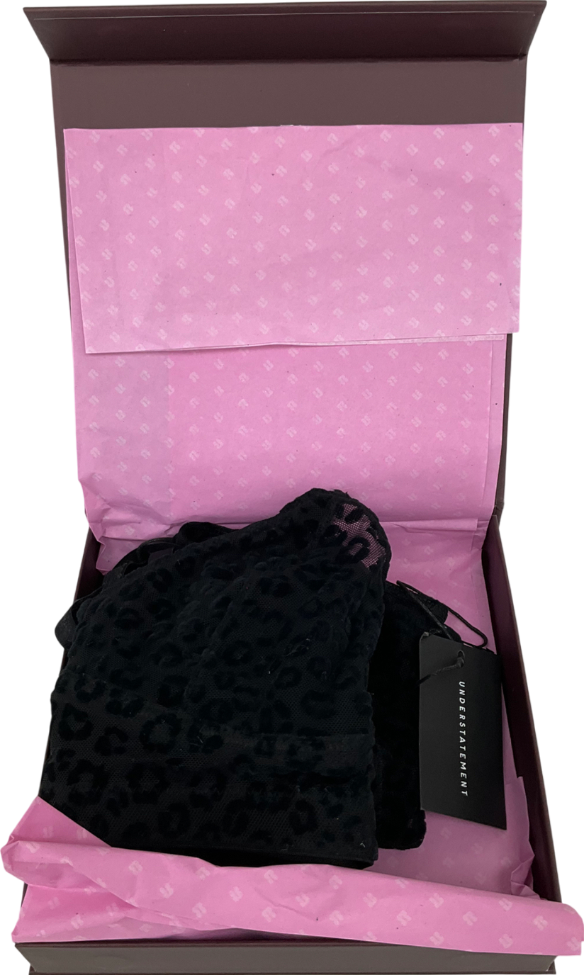 Understatement Black Leopard Mesh Thong And Plunge Bralette UK M