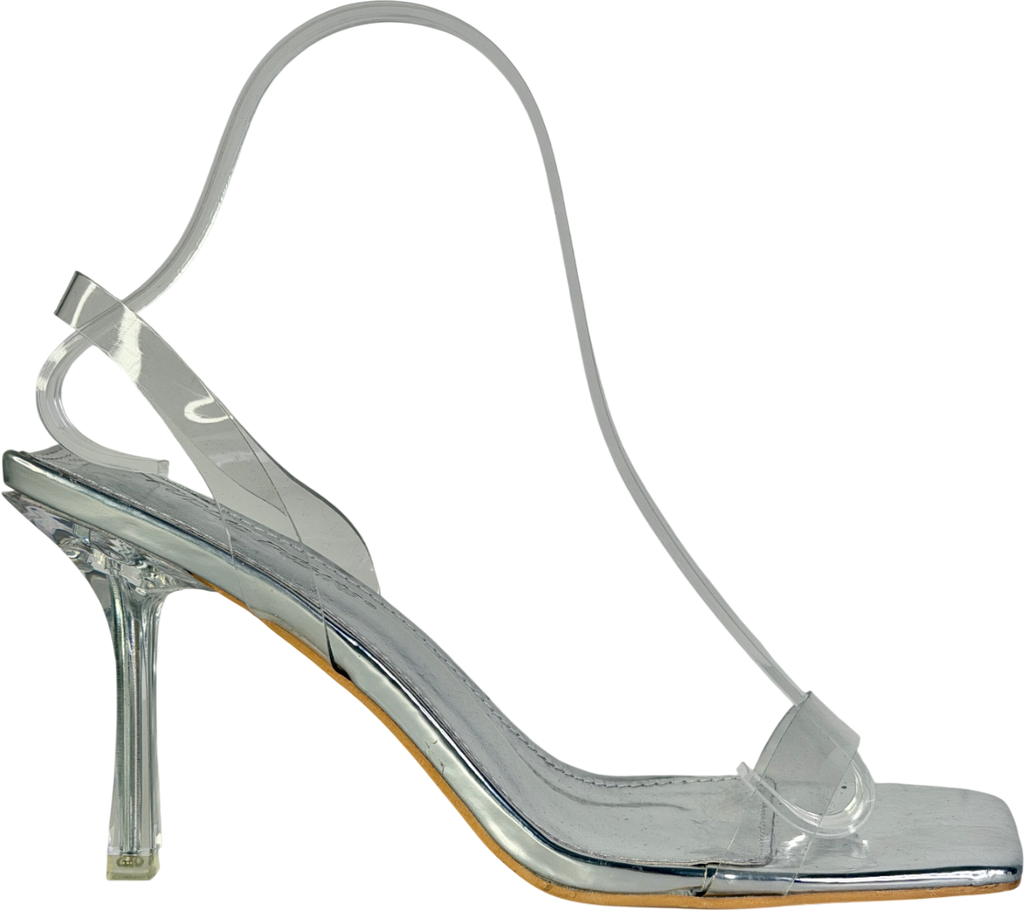 Public Desire Metallic Silver Perspex Wide Fit Square Toe Slingback Mid Heels UK 5 EU 38 👠