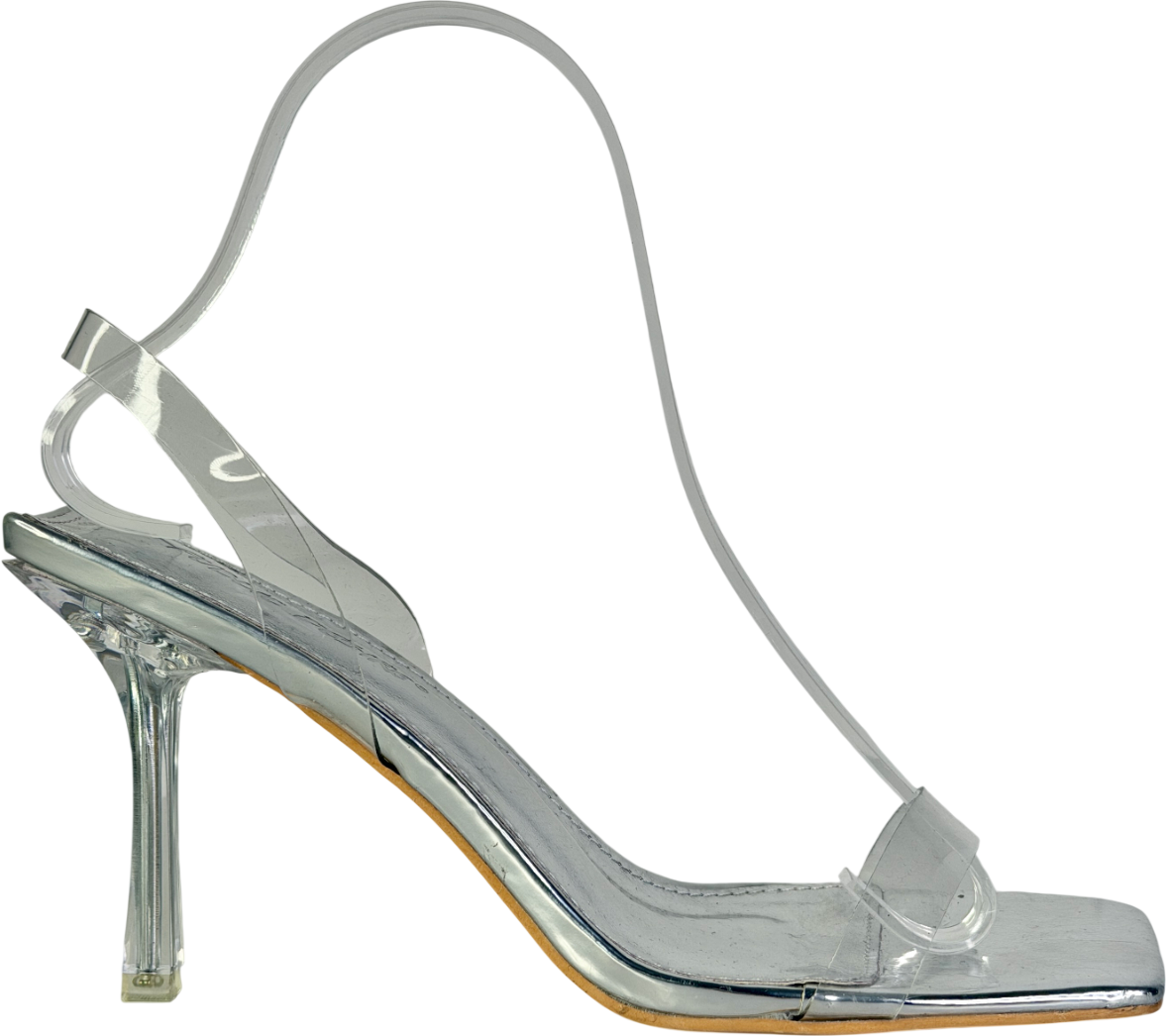 Public Desire Metallic Silver Perspex Wide Fit Square Toe Slingback Mid Heels UK 5 EU 38 👠