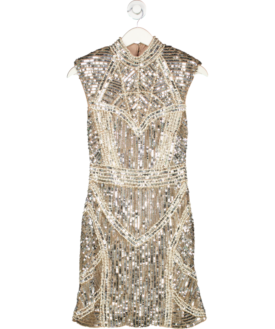 Karen Millen Metallic Embellished Pearl Strong Shoulder Mini Dress UK 8