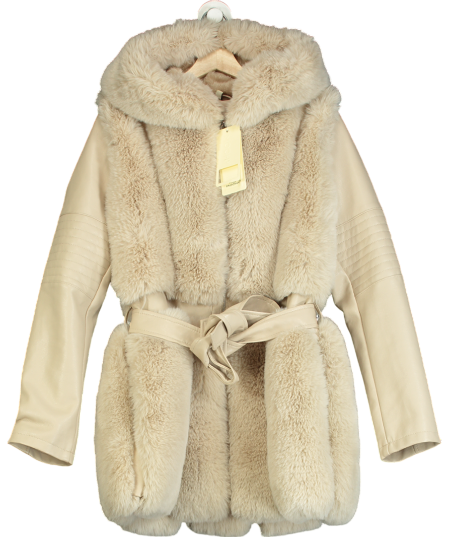 mochy Beige Belted Faux Leather & Fur Coat UK 14