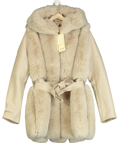 mochy Beige Belted Faux Leather & Fur Coat UK 14