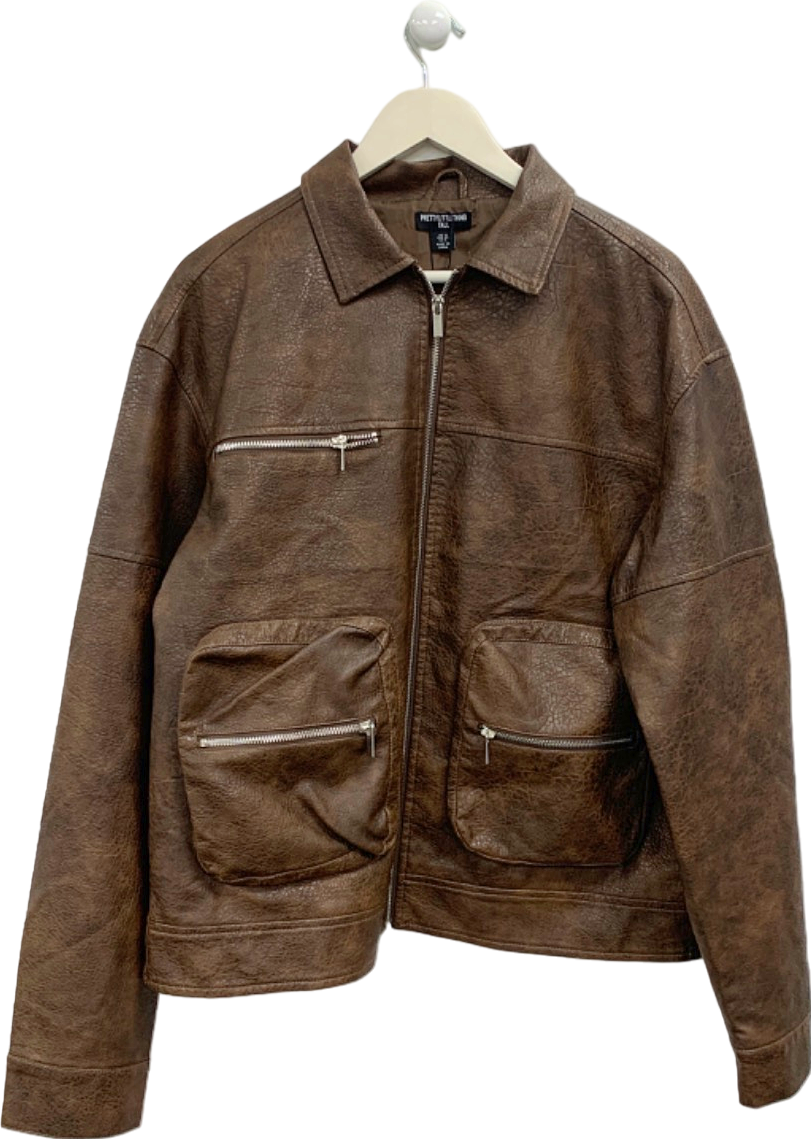 Pretty Little Thing Brown Tall Faux Leather Oversized Utility Jacket UK 10