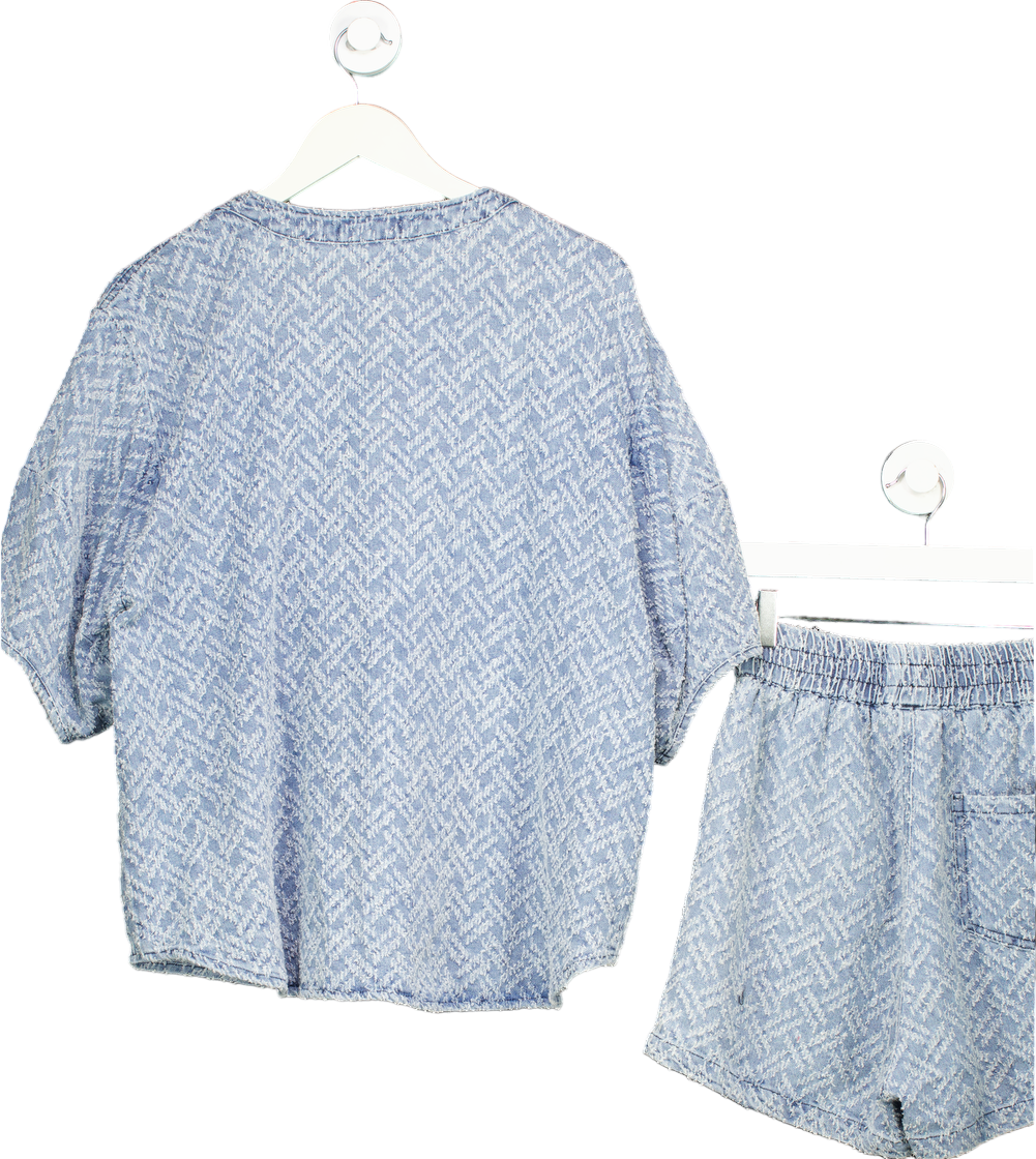 Blue Textured Button-Up Top and Shorts Set UK L