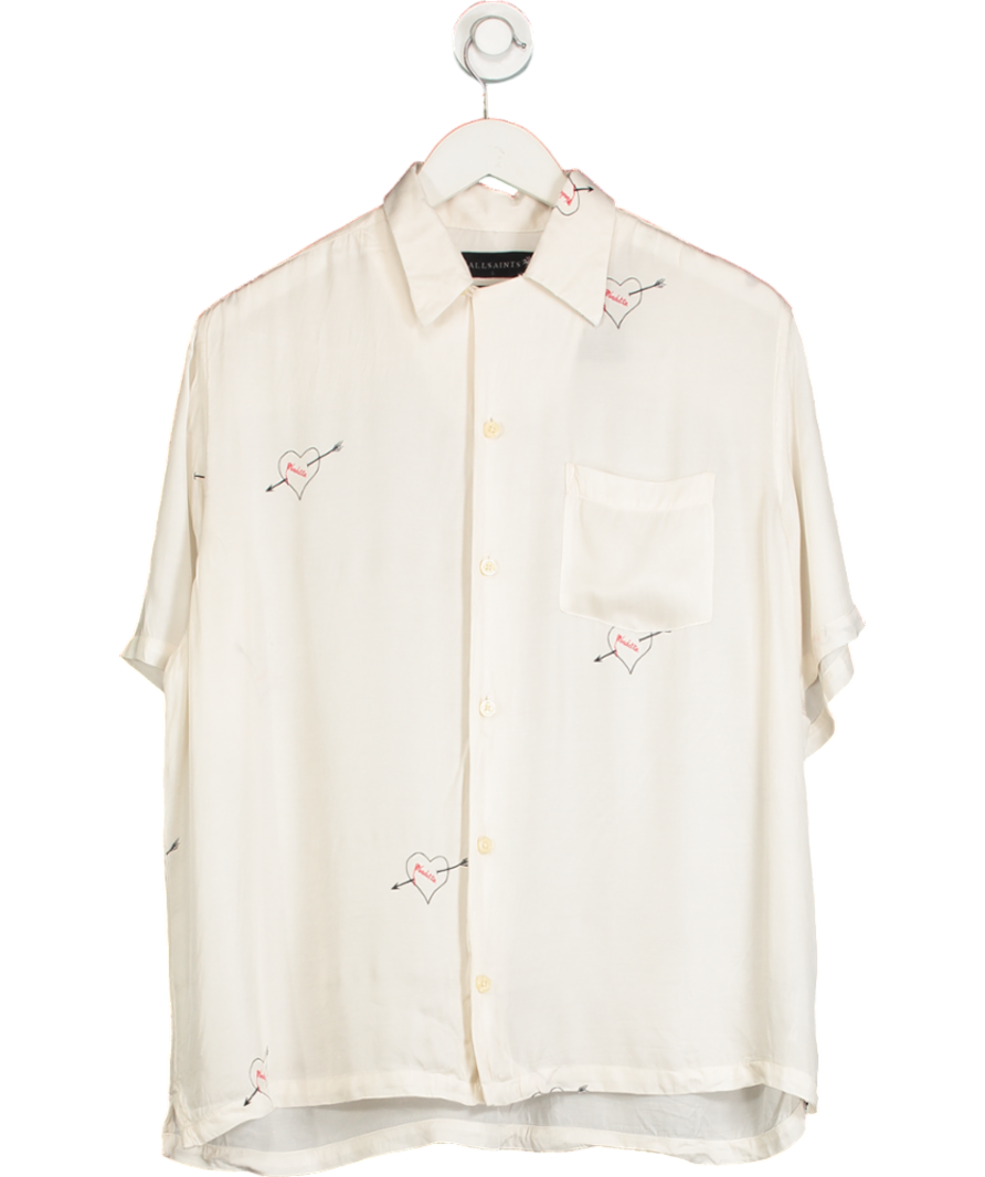 All Saints Cream Bow Heart Print Short Sleeve Shirt UK L