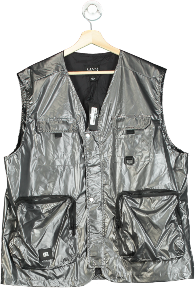 Boohoo Man Silver Metallic Utility Vest XL