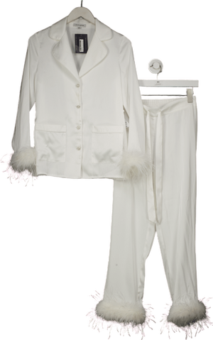 Nadine Merabi White Darcie Satin Feather Trim Pyjamas With Crystal Buttons UK 8